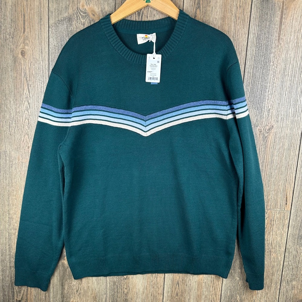 Marine Layer Dean Crew Sweater Green Cool Stripe Organic Cotton Mens Large NEW